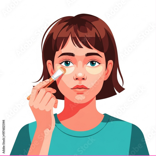 Young girl applying concealer with makeup brush in modern style  