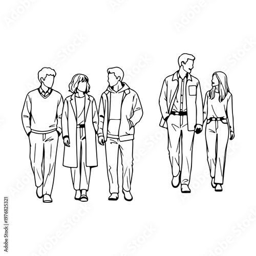 Five people walking together in casual attire down a street
