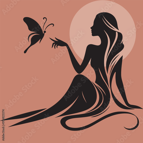 Silhouette of a woman sitting and reaching for a butterfly on a pink background
