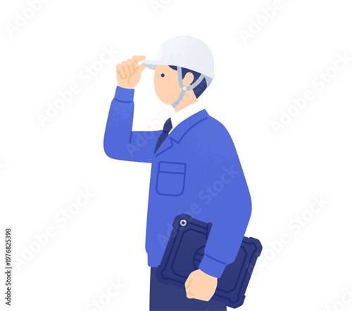 タブレットを抱えてヘルメットのつばに手を添える男性現場監督の横顔 上半身ベクターイラスト素材