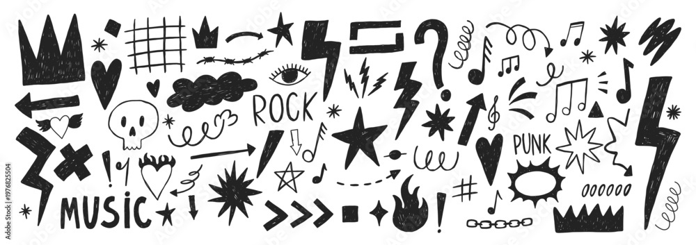 Fototapeta premium Grange punk, rock and music elements with chalk, pastel or crayon texture. Hand drawn sketch tattoo shapes. Black vector illustration.