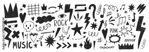 Grange punk, rock and music elements with chalk, pastel or crayon texture. Hand drawn sketch tattoo shapes. Black vector illustration.