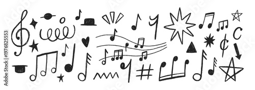 Set of hand drawn music notes and hearts with crayon, pastel or chalk texture. Cute doodle elements for kids or decorations. Black vector illustration on a white background.