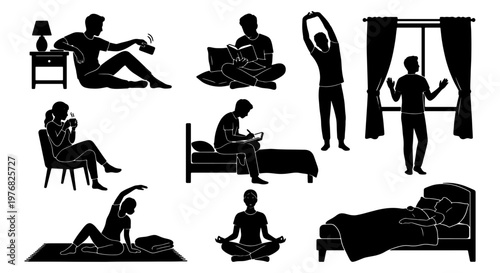 Morning routine silhouette set, people waking up and daily habits vector collection, man and woman morning activities icons, healthy lifestyle at home