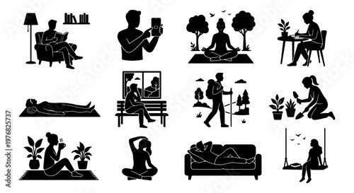 Black silhouette lifestyle icons set, 12 vector illustrations of people relaxing and hobbies, mental health and self care activities collection