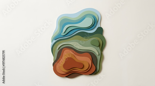 Abstract organic layered terrain composition with topographic contour shapes and earthy gradient tones in modern 3D paper cut style