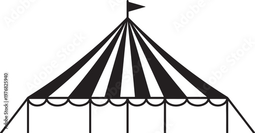 Black and white of a circus tent with striped canopy and scalloped trim also transparent background, big carnival
