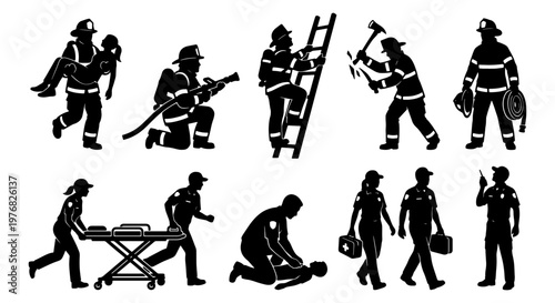 Firefighter and paramedic silhouettes set, emergency first responders collection, 10 black vector icons of firemen and medical rescue teams