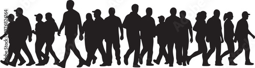 Crowd silhouette of people walking, black human figures in motion, diverse group of pedestrians on white background, urban street life vector