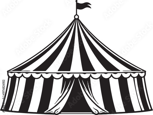 Black and white of a striped circus tent with a flag on and draped entrance curtains also transparent background