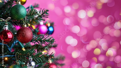 Festive Christmas Tree with Colorful Ornaments and Bokeh Background in Vibrant Pink Hue