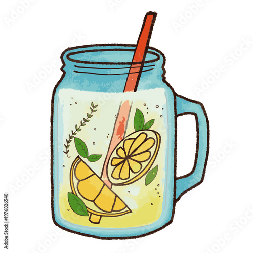 Cute hand-drawn lemonade in mason jar illustration with lemon slices, mint and ice, summer refreshing drink clipart on white background
