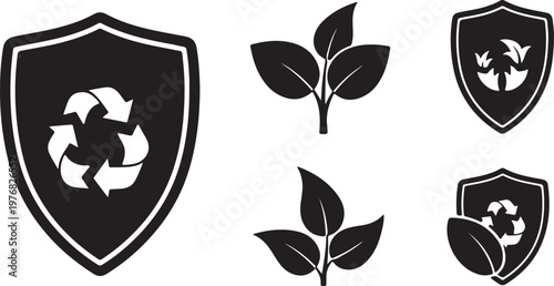 Eco friendly recycling icons set, black shield and leaf symbols for environmental protection, sustainable nature conservation vector elements
