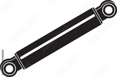 Black silhouette of a hydraulic shock absorber with eyelet mounts on white background, also transparent background