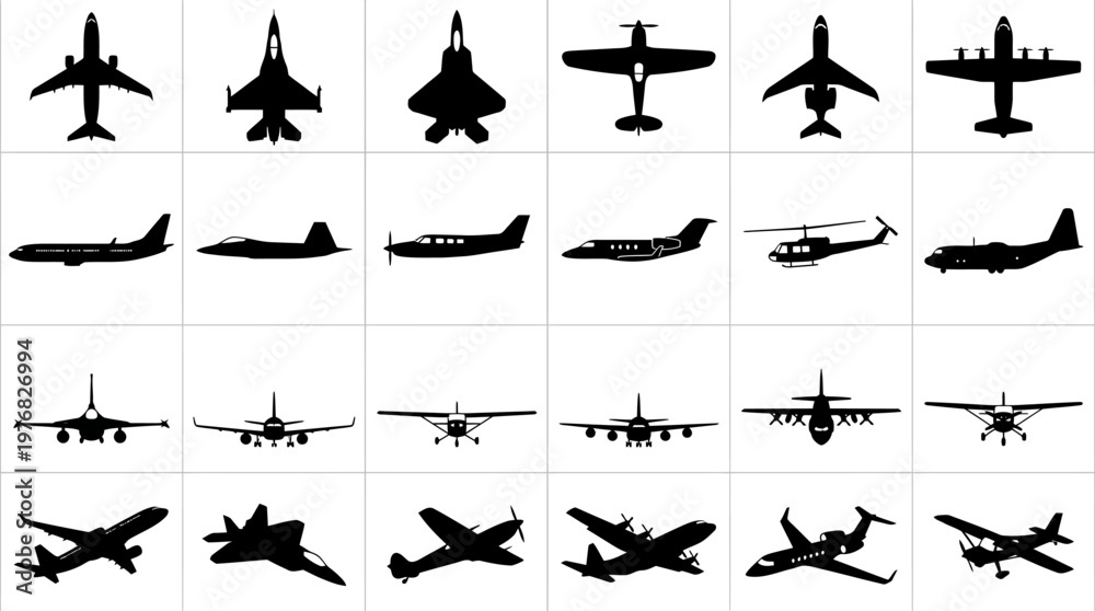Fototapeta premium A collection of airplane silhouettes in various angles and perspectives.
