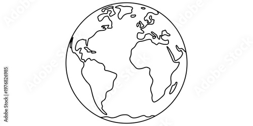 A simple black and white line art illustration of the planet earth showing world continents map