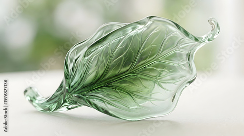 Transparent green glass leaf sculpture with delicate veins and organic shape on soft blurred background elegant nature inspired design