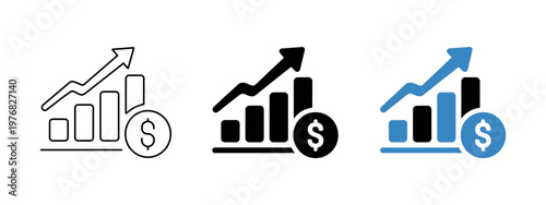 Financial growth icon featuring bar chart with upward arrow and dollar coin symbolizing revenue increase profit growth income and investment success vector design