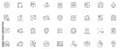 Check mark line icons, approved survey, confirmed task, quality control, checklist and success verification.
