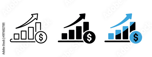 Financial growth icon with rising bar chart upward arrow and dollar coin representing profit increase revenue growth income investment success vector illustration