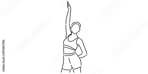Minimalist line art illustration of an athletic woman reaching one arm up towards the bright sky.