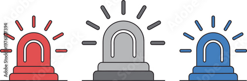 Emergency siren light icon set, black vector icons depicting alert signals warning notifications for safety applications, police and fire emergency alerts, and interface design.