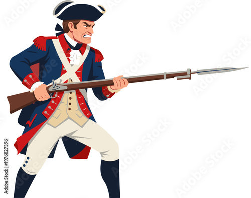 A determined American soldier grips a bayonet, embodying freedom and bravery. Bold colors and dynamic pose create a striking, historical image.