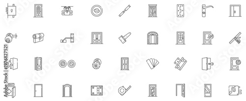 Door line icons, door lock, entry, exit, access, key, handle, hinge, measurement and repair tools.