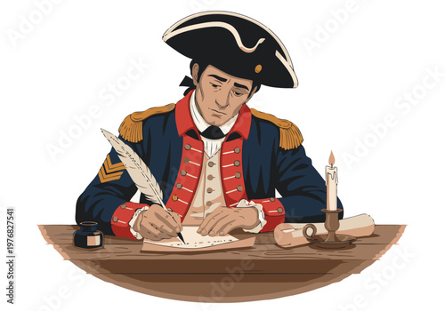 A stoic soldier writes a letter home by candlelight, evoking a nostalgic and heartfelt scene. Classic Americana illustration.