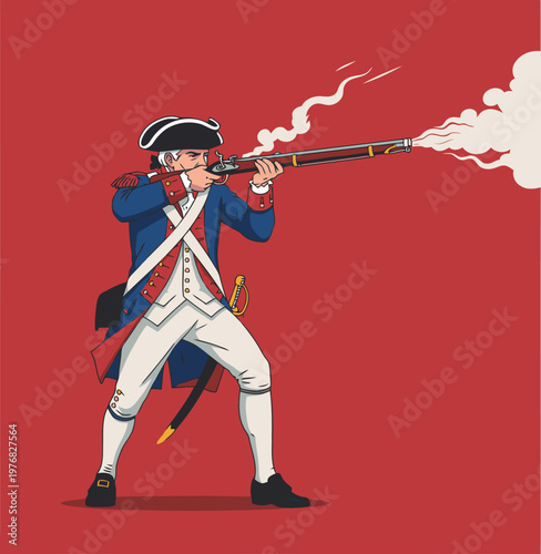 A stylized illustration of a Continental soldier firing a musket. Bold colors and graphic style evoke the spirit of 'fire muskets liberty shot'.