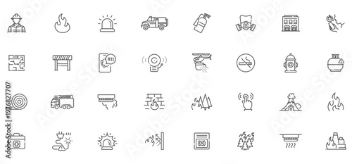 Emergency services and fire protection system icons for safety protocol and disaster management design.