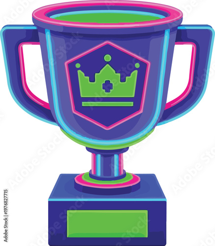 Neon-lit trophy with a crown emblem, symbolizing victory and achievement in a competition or game