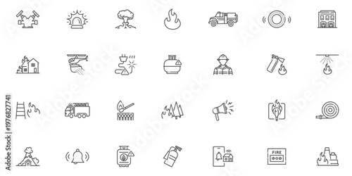 Fire safety and emergency prevention icons set with firefighting equipment and disaster warning symbols.