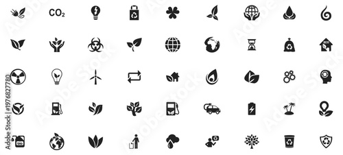 Green energy and environmental conservation solid icon set for sustainable ecology projects.