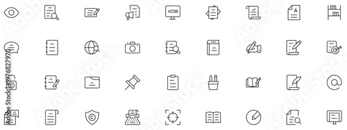 Outline icons representing writing, documents, and office work.