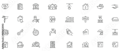 Real estate and home service linear icons set for property management and household maintenance website design.