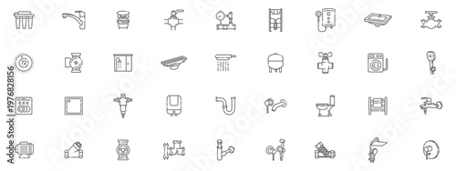 Plumbing icons set, plumbing equipment, water pipe, bathroom faucet, water heater and other plumbing related signs.