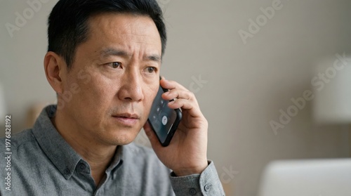 Chinese middle aged man reacting to suspicious vishing phone call