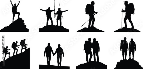 Black silhouettes of hikers with backpacks and trekking poles on rocky terrain, teamwork, mountain climbing, outdoor adventure 