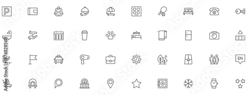 Set of line icons for hotel services and amenities representing hospitality and travel experiences.
