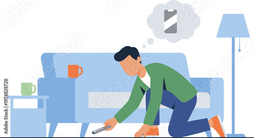 Man kneels on floor cleaning with vacuum beside sofa and table indoors.