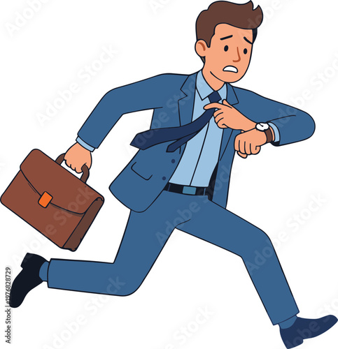 A cartoon businessman is running quickly while looking at his watch and holding a briefcase.