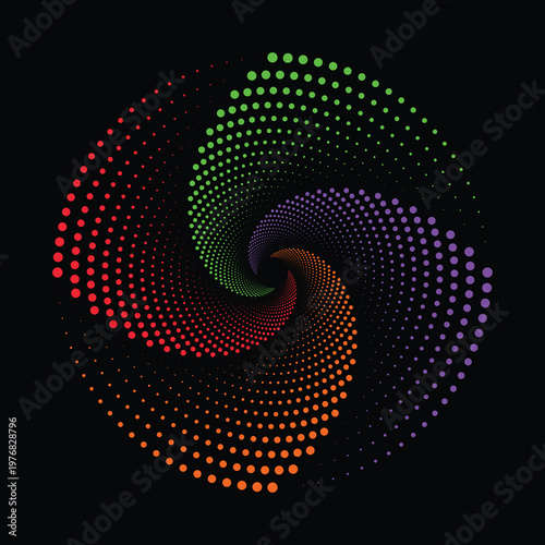 Vibrant rainbow spiral dots pattern on black background for design and technology concepts