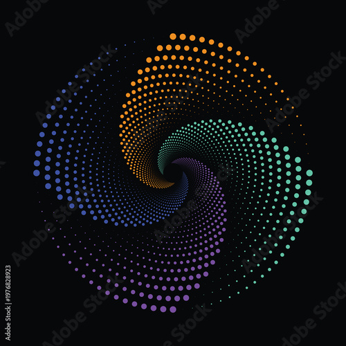Vibrant rainbow spiral pattern with glowing dots on black background for design