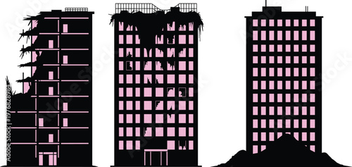 Illustration of damaged tall buildings with collapsed structures, rubble debris, architectural destruction, disaster assessment and engineering failure concept for urban studies