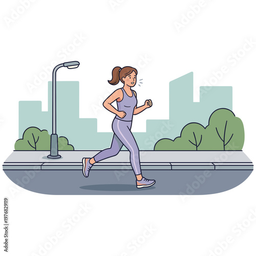 Woman jogging on sidewalk in city with streetlight and buildings