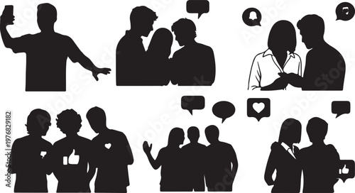 Social media silhouette icons of people using smartphones. Vector set of friends communicating with mobile phones and speech bubbles. Digital lifestyle silhouettes.