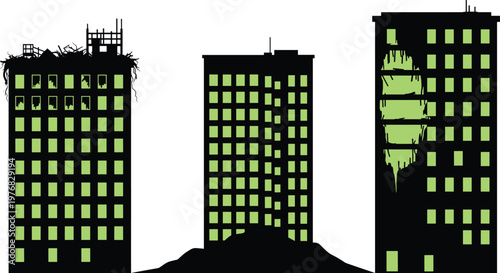 Stylized illustration of tall damaged buildings with green windows, rubble debris, urban destruction, post‑apocalyptic cityscape architecture and disaster concept design