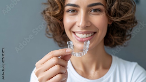 Teeth aligner, clear braces, orthodontic retainer, dental care, woman smiling