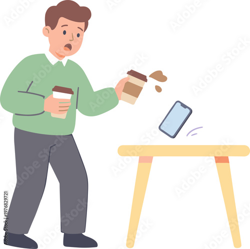Man accidentally spills coffee on table with phone